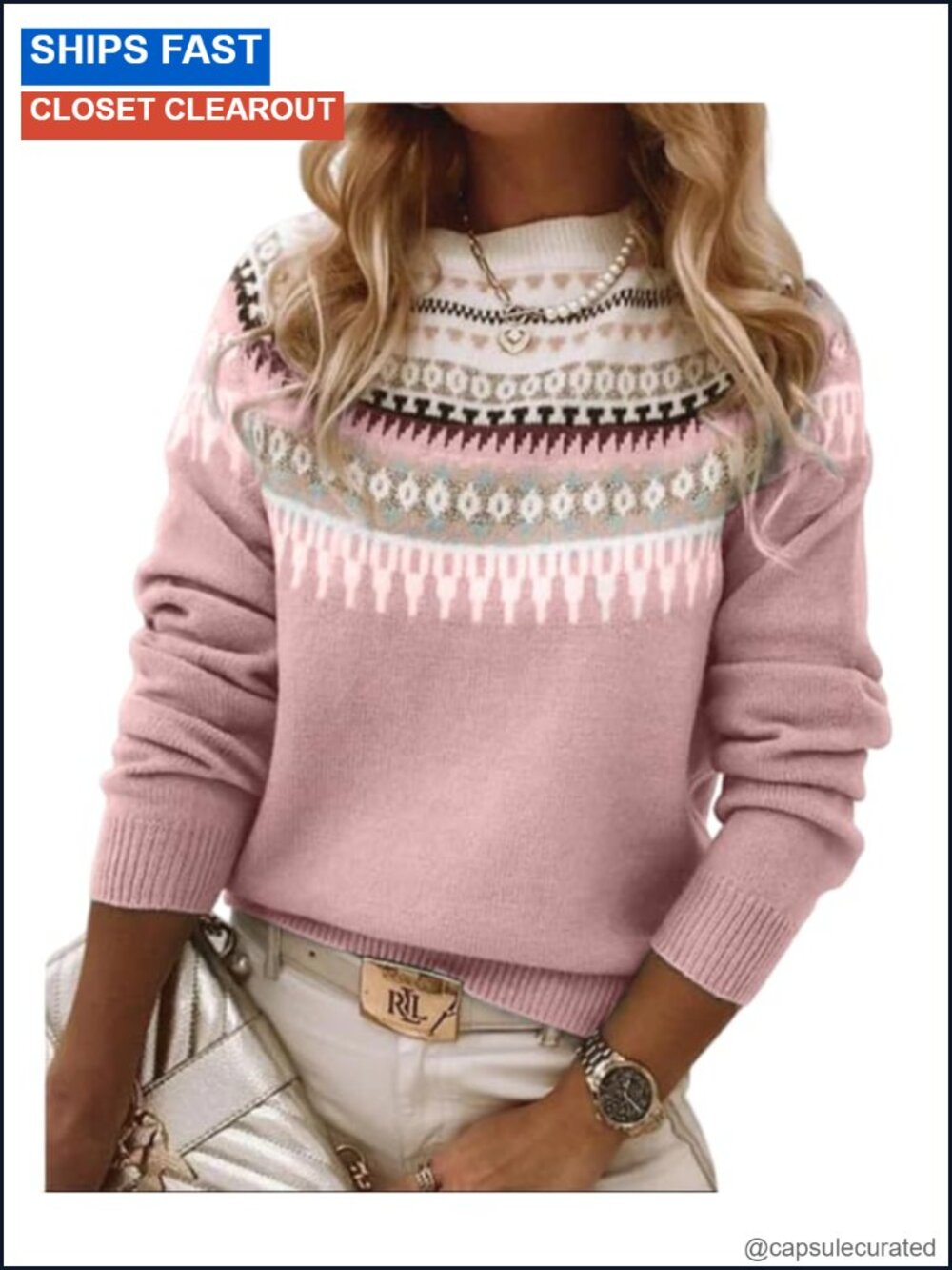 Fair Isle Sweater Women's Crew Neck Knitted Pullover Fall Winter Jumper